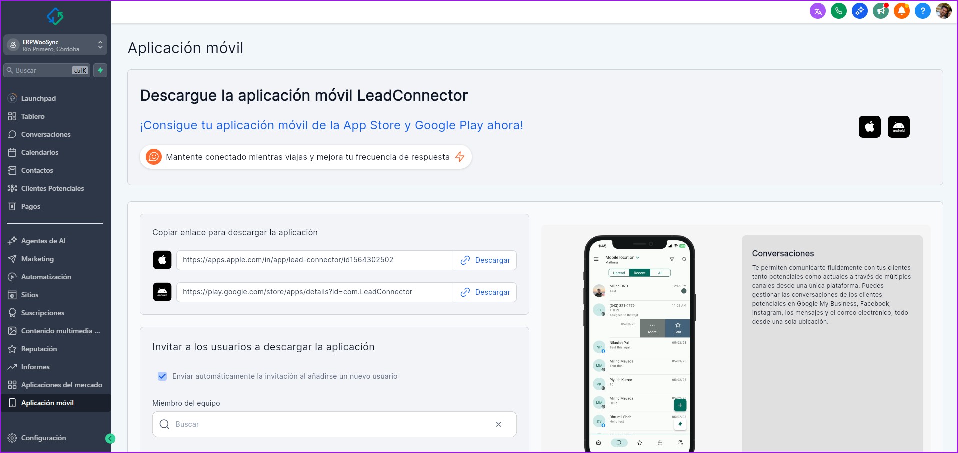 App móvil LeadConnector — Gestioná tu negocio desde el celular